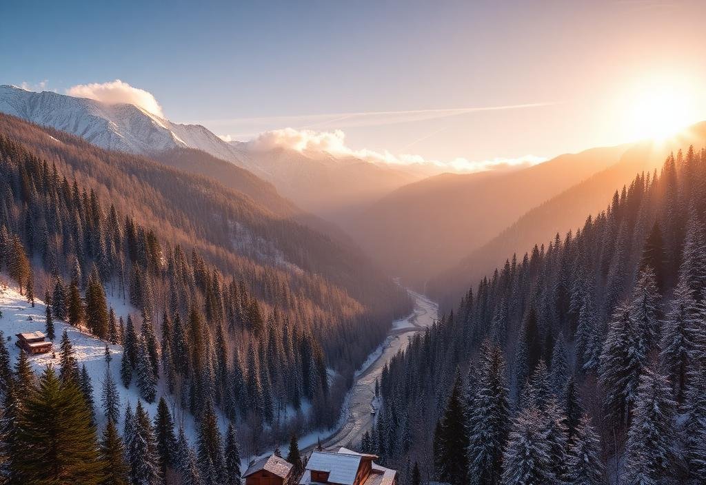 Snow covered mountains and pine valley in Manali, Himachal Pradesh