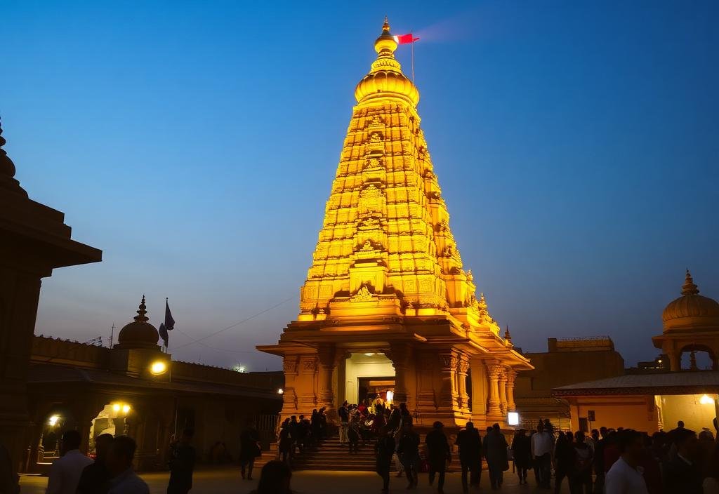 Illuminated Mahakaleshwar temple in Ujjain at dusk